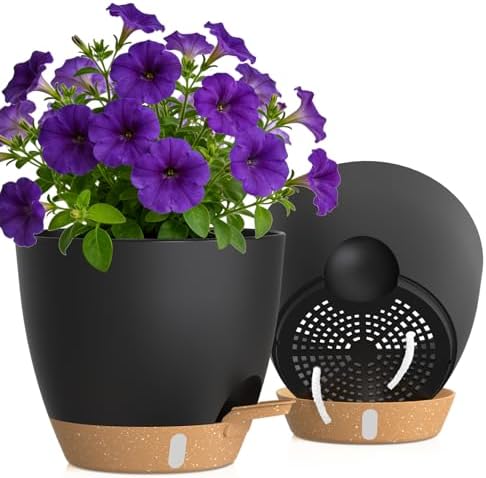 Self Watering Pots with Drainage Holes, 2 Pack 10 Inch Plant Pots with Water Level Indicator Deep Reservoir, Large Plastic Planter for Indoor Outdoor Plants - Black Brown by KUGAZ