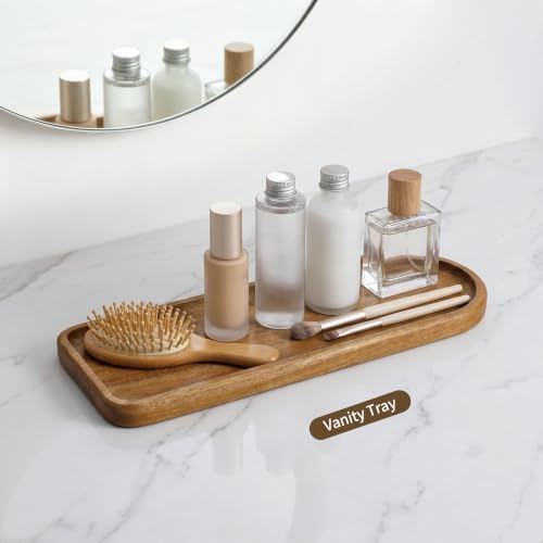 Small Wooden Tray | Acacia Wood Tray for Vanity, Bathroom Counter, Coffee Table & Toilet | Perfect for Jewelry, Remote, Keys & Catch All | Mini Charcuterie Board Serving Platter (Racetrack-Shaped) - Image 5