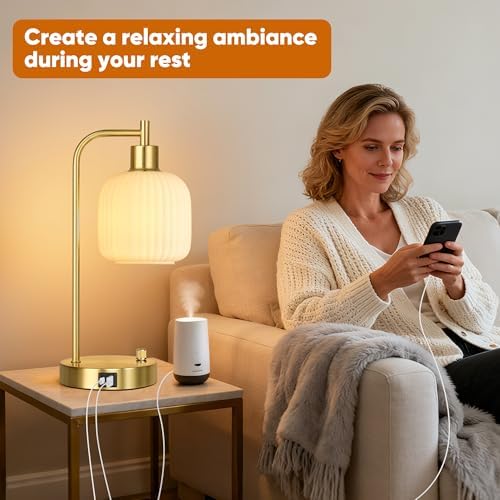 Cream Glass Table Lamps Set of 2, Dimmable Bedside Lamps for Living Room - Image 5