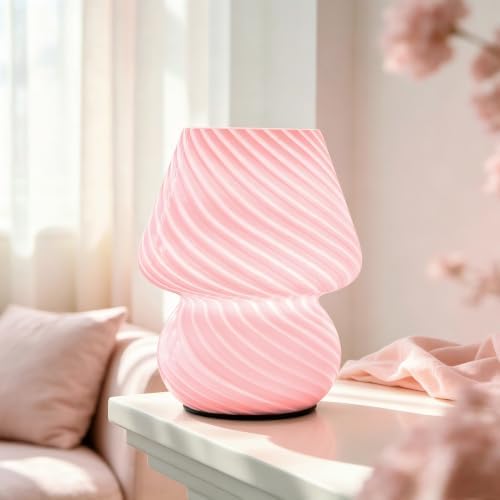ULAROOM Battery Operated Mushroom Lamp - Vintage Small Table Lamp With Timer, Cordless Bedside Nightstand, Glass Battery Powered for Bedroom Kitchen Living Room Shelf Decor Aesthetic Pink by Ularoom
