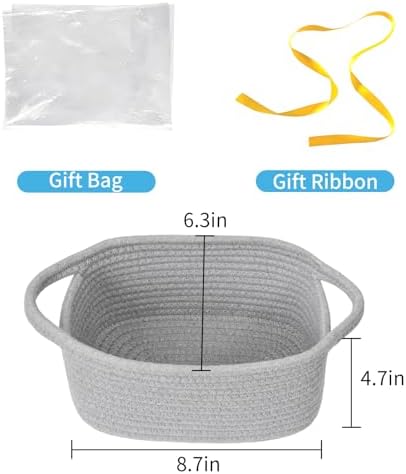 ABenkle Small Storage Basket, Mini Basket, Cute Tiny Cotton Rope Woven Basket, Boho Decorative Toy Dog Cat Basket for Nursery, Spa, Empty Gift Basket with Gift Bags and Ribbon - Grey - Image 2