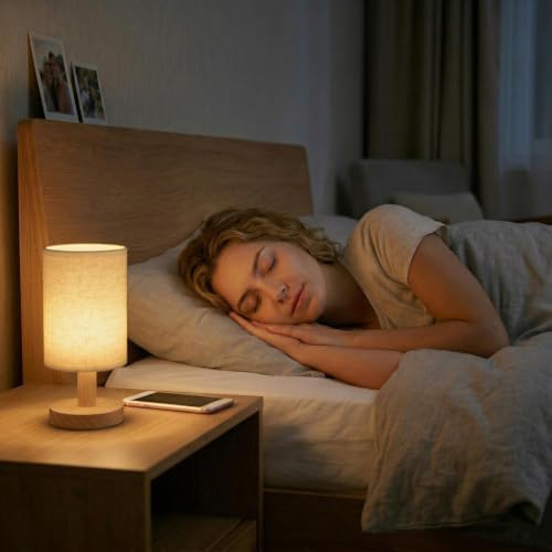 Small Bedside Table Lamp,USB Powered,Wood Base & Fabric Shade, Warm Light - Image 5