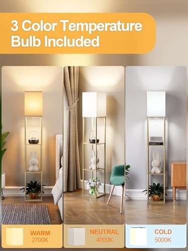 Floor Lamp with Shelves for Living Room Natural Wood, Shelf Floor Lamp with 3 CCT LED Bulb, Corner Display Standing Column Lamp Etagere Organizer Tower Nightstand with White Linen Shade for Bedroom - Image 3