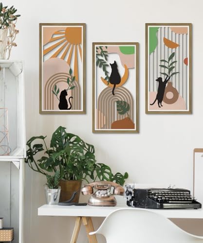 Putuo Decor Boho Wall Decor Set of 3, Abstract Boho Cat Wall Art, Mid Century Modern Black Wall Decr for Cat Lovers Home Bedroom Living Room Office - Image 6