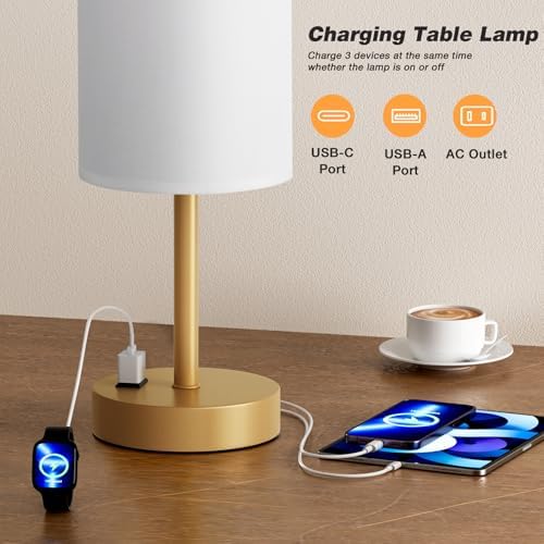 Fenmzee 17.4" Gold Lamp for Bedroom - Dimmable Touch, USB A+C, AC Outlet - Image 3