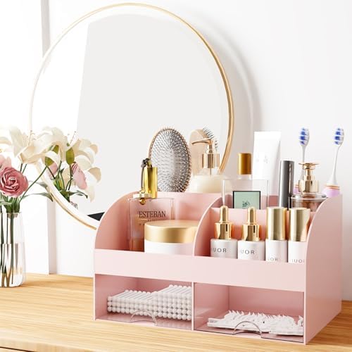 Makeup Organizer with Drawers, Cosmetic Storage for Dresser Vanity and Bathroom Countertop, Beauty Holder for Lipstick Brush, Skincare Organizer for Vanity, Cosmetic Display Case (Pink) - Image 3