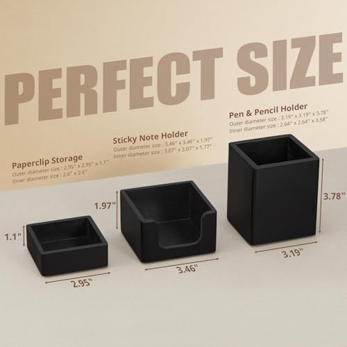 Black Desk Organizer Set of 3 - Wood Office Desk Accessories - Desk Organizers and Accessories for Women Men - Set incl. Pencil Pen Holder, Paperclip Storage and Sticky Note Holder - Image 2