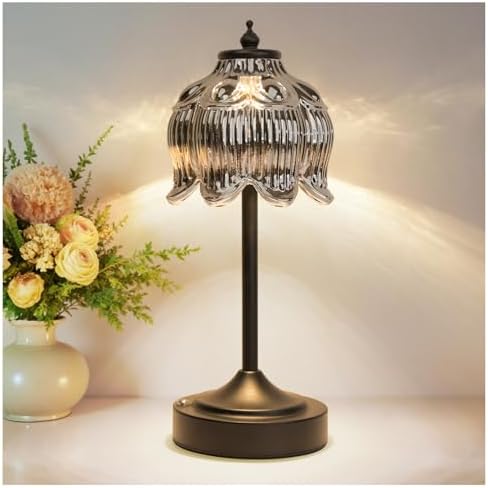 Cordless Table Lamp, Rechargeable Black Glass Lotus Flower Lamp by Unknown