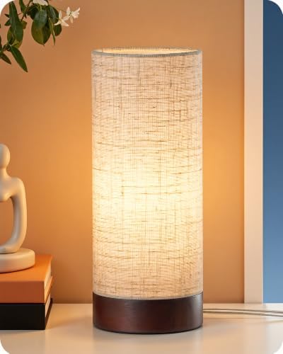 EDISHINE 9.85" Small Table Lamp, Cylindrical Beige Linen Lampshade, E26 by EDISHINE