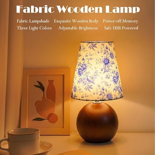 Vintage Wooden Night Lamp, Wood Base Fabric Lampshade, Adjustable Light Color and Brightness with Power-Off Memory, Safe USB Powered, Retro LED Table Light for Bedroom Living Room Office (BlueFlowers) - Image 2