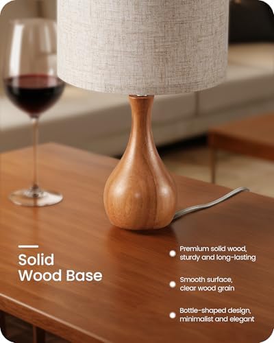 Small Table Lamp, 14.2" Wood Bedside Lamp, Little Cute Desk Lamp with Dark Wood Bottle-Shaped Base & Beige Linen Lampshade, Nightstand Lamp for Bedroom, Small Space, E26 Socket, LE09TL05 - Image 5