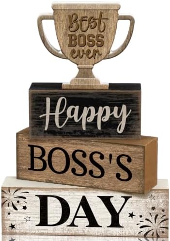 Moucuny 4 Pcs Boss Day Table Decorations Rustic Trophy Wooden Blocks Decor by Moucuny