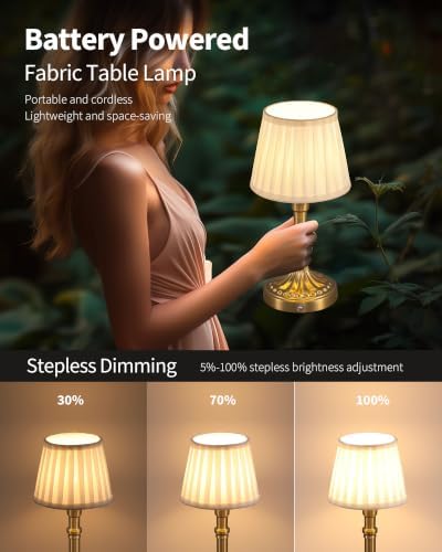 KDG Gold Cordless Table Lamps Set of 2, Beige Fabric Shade Small Desk Lamp - Image 4