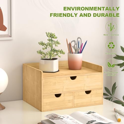 Bamboo Desk Drawer Organizer, Large Desktop Organizer with Drawers Tabletop Storage Organization Box for Office Home Toiletries Supplies Vanity, No Assembly Required (3 Drawer with Shelf) - Image 5
