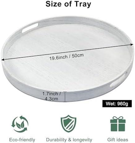 19.6" Extra Large Round Wooden Decorative Tray with Handles,White - Image 7