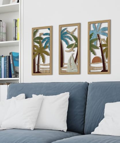 Putuo Decor Palm Tree Wall Decor Set of 3, Coastal Wall Decor, Boho Wall Art, Beach Themed Wooden Wall Plaque for Living Room Bedroom Bathroom - Image 6