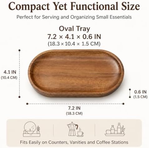 Small Acacia Wood Serving Tray Wooden Vanity Tray Bathroom Counter Organizer Coffee Bar Tray Mini Wooden Platter Appetizer Snack Serving Board Decorative Wood Tray Brown, Ellipse - Image 2