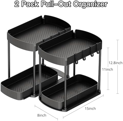 2 Packs Under Sink Pull-Out Storage Organizers, 12.8 Inches, Black - Image 2