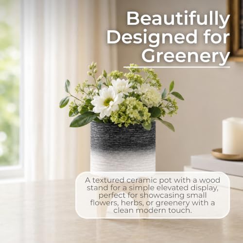 Modern Ceramic Planter with Wooden Stand – Stoneware Plant Pot Holder, Stylish Indoor & Outdoor Home Decor for Living Room, Bedroom, Office, or Garden, Plant Stand Indoor – 6", Gray & White - Image 6