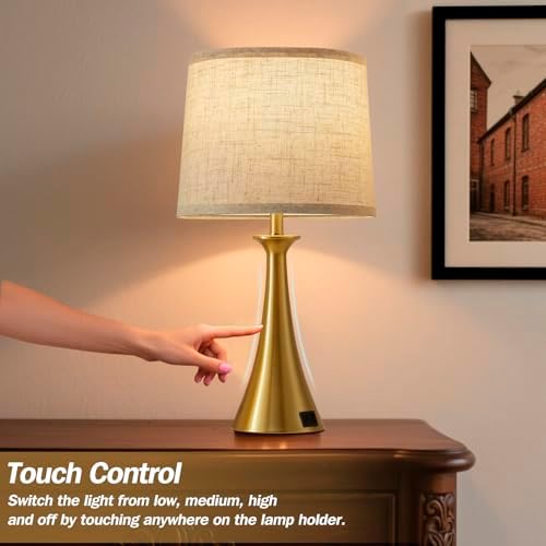 Touch Table Lamps Set of 2, 21" Bedside Lamps with USB C+A, Gold - Image 3