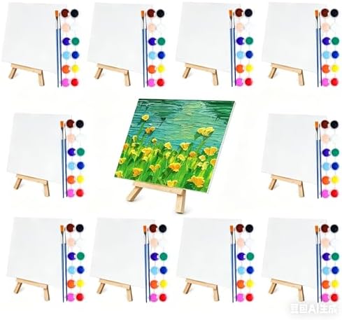 10 Set Mini Acrylic Paint Kit, Mini Canvas with Wooden Easels Acrylic Paints Strips, Minis Easel with Canvases for Kids Adults Classroom Birthday Painting Party (6 x 6Inch) by Unknown