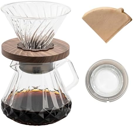 Pour Over Coffee Maker 24 oz/700 ml, Pour Over Coffee Dripper with 40 Filters, Borosilicate Glass Carafe, Walnut Handle, Lid, Clear, For Home Café Camping (24 OZ/700 ML) by HYAXGM