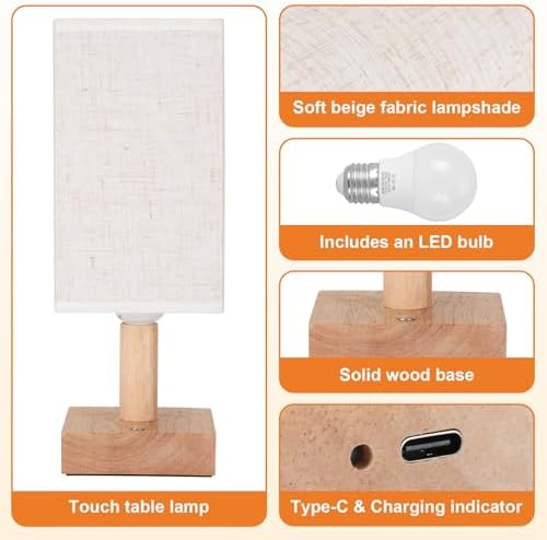 UCHENTON Small Cordless Touch Square Table Lamp with Stepless Dimming, Natural Wood Base & Linen Fabric Shade, Battery-Powered Ambient Night Light for Bedroom, Bedside, Nightstand,Room, Nursery - Image 6