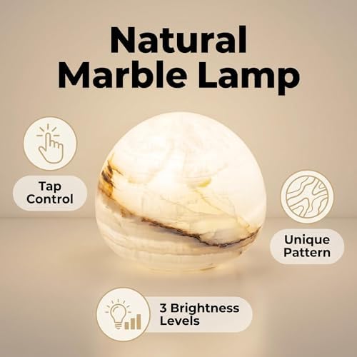 Natural Marble Lamp Cordless Touch Control Night Light 3-Way Dimmable Pat Light LED Ambient Glow Lamp Type-C Rechargeable Portable Stone Bedside Desk Lamp Zen Home Decor (4.33x4.33x3.15in) - Image 5