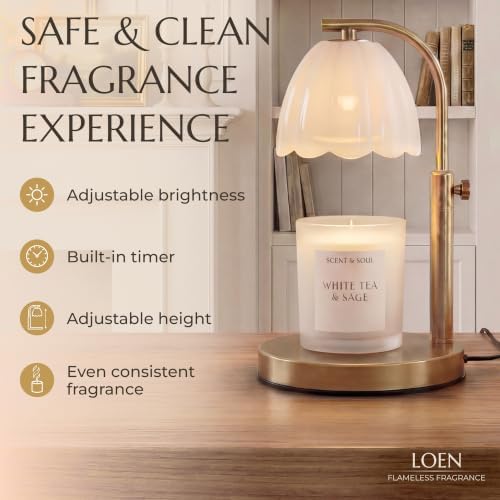 Scalloped Glass Candle Warmer Lamp with Timer (2H/4H/8H) - Dimmable & Adjustable Height - Wax Melter for Large & Small Jar Candles - 2 Bulbs - Gold Metal - Flameless Home Decor Gift for Women (Amber) - Image 5