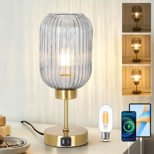 LAMSU Grey Glass Table Lamp for Bedroom with Bulb, Small Beside Lamp with USB Ports, 3 Way Dimmable Desk Lamp, Vintage Modern Nightstand Lamp for Living Room, Office, Ambient Mood Lighting by LAMSU