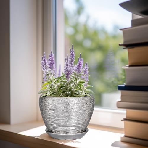 Ceramicfor Ceramic Planter - 6 Inch Plant Pot Indoor with Drainage Hole and Saucer Outdoor Pot for Plants Round Decorative Planter Modern Mid-Century Flower Pot for Office Decor Silver - Image 4