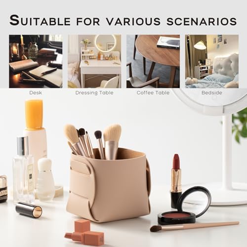 HOMIEAZICOZI 2-Pack Cork Leather Desk Accessories Storage - Pencil Pen Holder - Makeup Brush Holder Organizer - Stylish Addition to Home Decor (Apricot) - Image 5