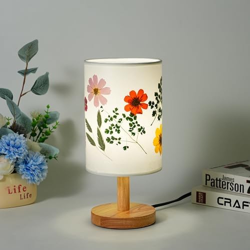 Decorative Table Lamp with Floral Shade Design, Wooden Base, Fabric Lampshade, Ambient Lighting for Bedroom, Living Room (White) - Image 6