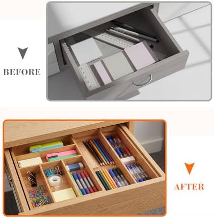 Briwooody Bamboo Sliding Desk Drawer Organizer 9.4'' up to 18'' x 15'' x 2'' Expandable Office Desk Accessories Supplies Tray with 7 Compartments for Pens, Notebooks, Rulers, and Makeup Jewelry Vanity - Image 4