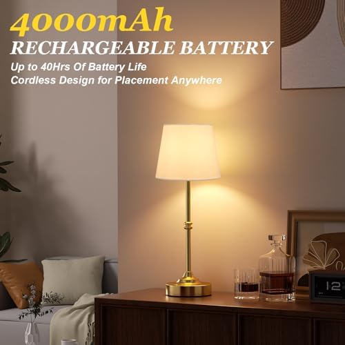 Kakanuo Rechargeable Cordless Table Lamp Gold - 2 Pack Brass 4000mAh Battery Operated Lamp, 3000K Warm Light, Touch Control Stepless Dimming, for Bedside, Dining Table, Home Decor - Image 5