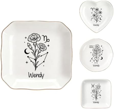 Personalized Zodiac Birth Flower Jewelry Dish Custom Name, Constellation Ceramic Ring Trinket Tray with Gold Rim, Custom Monogram Trinket Dish for Women, Bridesmaid Birthday Astrology Gift by Unknown