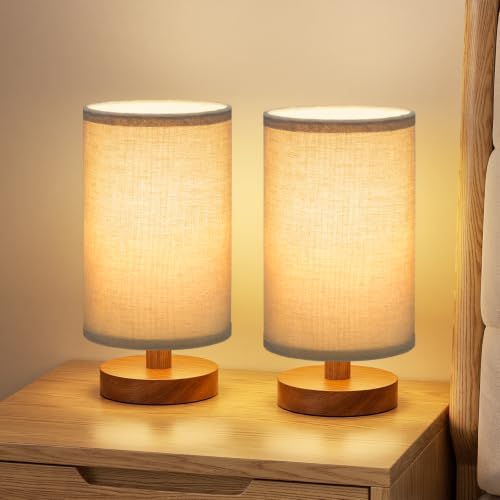 Fenmzee 8.5" Small Lamps for Bedroom Set of 2 - Beige Shade & Walnut Base by Fenmzeelighting