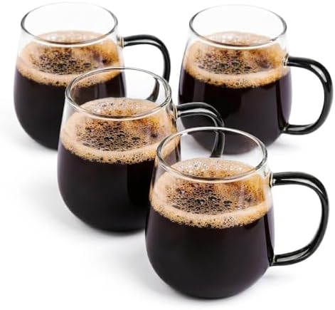 4 Pack 16 oz Clear Glass Coffee Mug with Black Handle, Lead-Free Glass Mugs Set for Latte Tea Cappuccino Hot Cold Drinks Home Office Daily Use by MAQQL