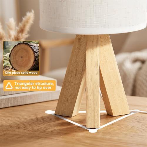 Tripod Table Lamp Small Bedside Lamp with Linen FabricShade, Mid Century Modern Nightstand Lamp for Bedroom Living Room Office Nursery, Wooden Legs(Cylindrical) - Image 4