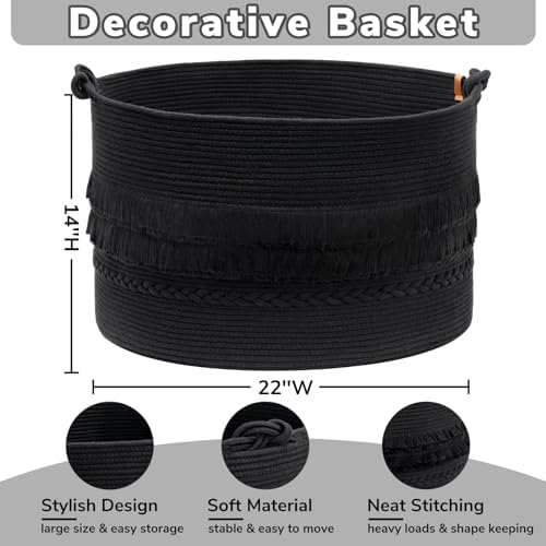 CherryNow 90L Large Woven Rope Blanket Basket with Tassel, 22" x 14", Black - Image 4