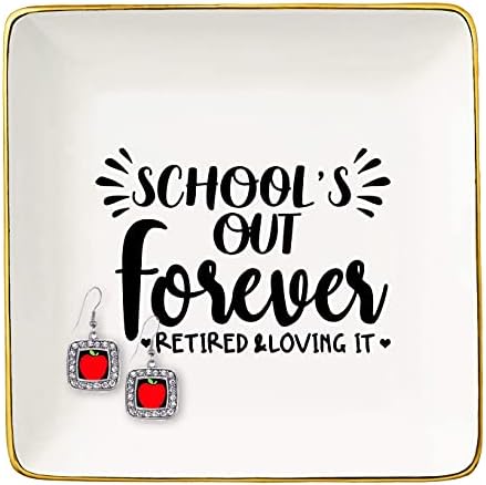 Topthink Teacher Retirement Appreciation Gifts-Ceramic Jewelry Holder Ring Dish Trinket Tray-Teachers Colleague Farewell,Leaving, Going Away,Good Bye Presents-School Out Forever Retired and Loving It by Topthink