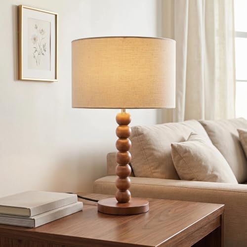 Buruis 17.5" Walnut Wood Beaded Table Lamp with Linen Shade, Dimmable,Beige by KeepYourBathroomKitchenandHomeOrganized