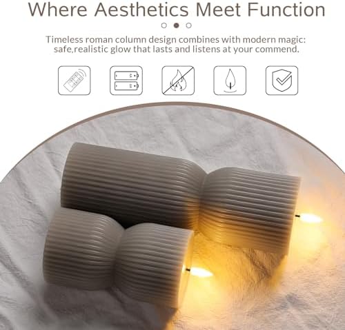 Taupe Ribbed Flameless Pillar Candles with Remote Set of 2 - Image 4