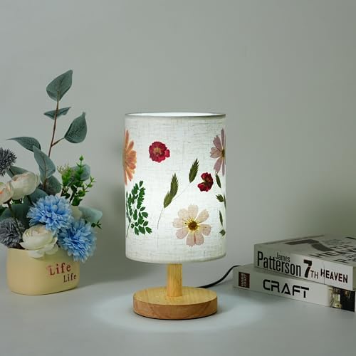 Decorative Table Lamp with Floral Shade Design, Wooden Base, Fabric Lampshade, Ambient Lighting for Bedroom, Living Room (Beige) - Image 4