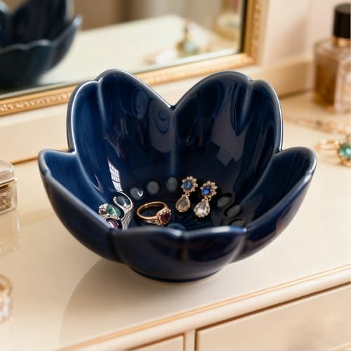 Blue Flower Ring Dish Jewelry Tray, Ceramic Jewelry Dish, Small Trinket Tray, Nightstand Bathroom Decor Ring Holder, Jewlery Plate Bowl for Christmas Friendship Birthday Gifts for Women Mom - Image 6