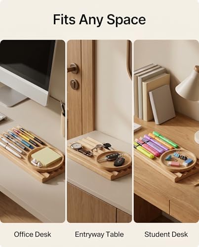 Beech Wood Desk Organizer, 6-Slot Pen Holder with Detachable Round Tray, Wooden Stationery Storage for Pens, Pencils, Office Supplies, Desk Accessories for Home Office, Minimalist Desk Decor - Image 6