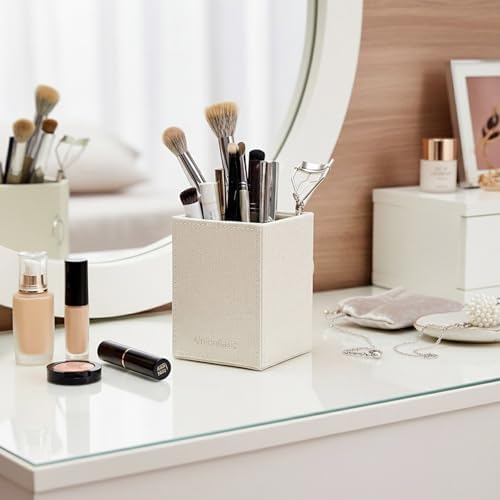 UnionBasic Square Pen Holder, Leather Pencil Cup, Desktop Caddy Stationery Organizer, Beige - Image 5