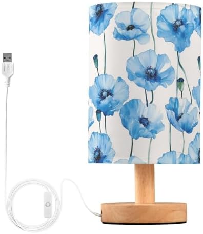 Watercolor Light Blue Poppy Flowers Bedside Table Lamps with USB Port for Bedroom Lamp Accent Table Lamp Small Nightstand Lamp Sturdy Linen Shade Wooden Decorative Lamps for Office Dorm Home by Fustylead