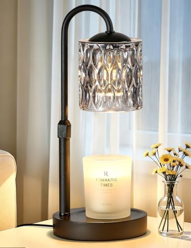 Briever Dimmable Candle Warmer Lamp with Timer, Height Adjustable Electric Candle Wax Warmer, Birthday Gifts for Women Mom, House Warming Gifts New Home Decor, Solid Wood Base, Black Gray Glass by Briever