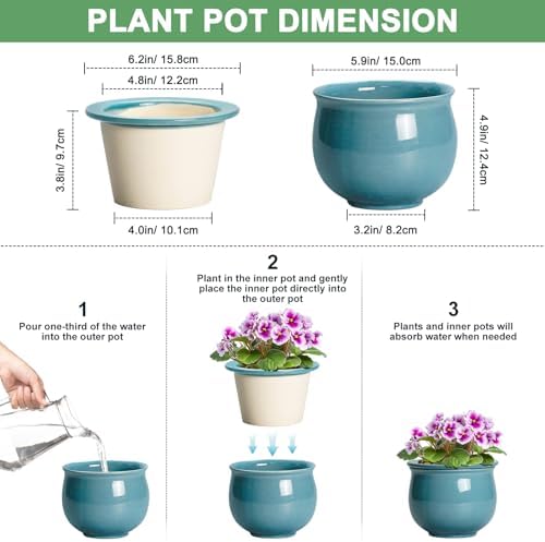 African Violet Pots 6 Inch, Ceramic Self Watering Pot with Absorbent Inner Planter, African Plant Pots for Indoor Plants, Round Flower Pot, Bedroom Decor, Gifts for Plant Lover, Glaze Blue - Image 2